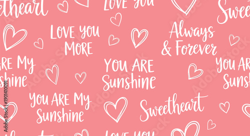 Seamless Valentine wallpaper with cursive love quotes and heart doodles, featuring romantic stationery style, gentle emotions, and modern decorative vector background design
