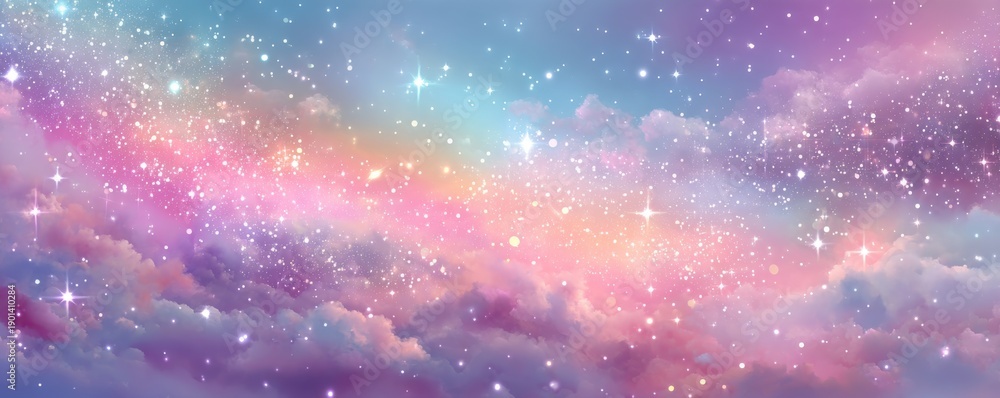 Fototapeta premium Pastel rainbow sky background with stars and clouds, a dreamy soft celestial backdrop