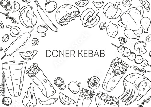 Doner kebab cooking and ingredients for kebab. Whimsical food doodles. Sketch illustration. Arabic cuisine. Fast food menu design elements. Shawarma hand drawn. Middle eastern food.