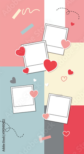Valentine wallpaper with polaroid frames and heart stickers, showing scrapbook romance, memory keeping, and decorative flat vector background design