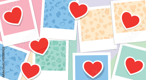 Valentine wallpaper with polaroid frames and heart stickers, showing scrapbook romance, memory keeping, and decorative flat vector background design