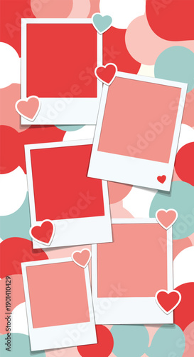 Valentine wallpaper with polaroid frames and heart stickers, showing scrapbook romance, memory keeping, and decorative flat vector background design