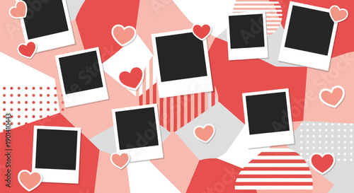 Valentine wallpaper with polaroid frames and heart stickers, showing scrapbook romance, memory keeping, and decorative flat vector background design