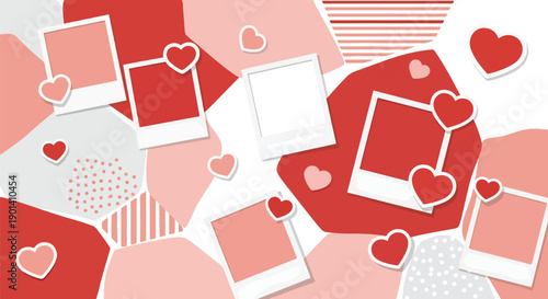 Valentine wallpaper with polaroid frames and heart stickers, showing scrapbook romance, memory keeping, and decorative flat vector background design