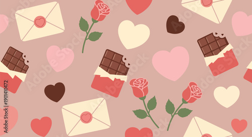 Playful Valentine wallpaper with envelopes, roses, chocolates, and hearts in seamless layout, showing sweet romance, gift culture, and joyful flat vector design
