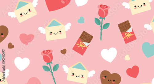 Playful Valentine wallpaper with envelopes, roses, chocolates, and hearts in seamless layout, showing sweet romance, gift culture, and joyful flat vector design