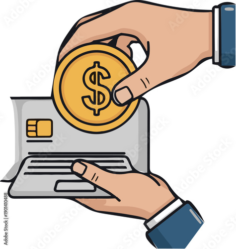 Online payment and digital banking concept with laptop and gold coin vector