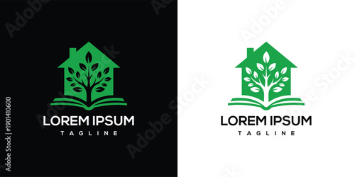 Green House Tree Logo on Open Book  Education Growth Eco-friendly.