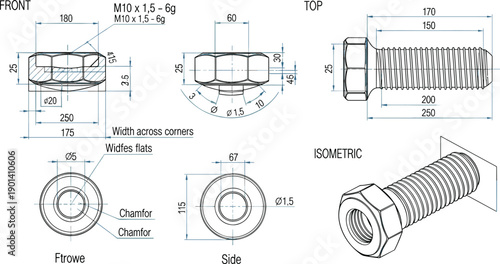 Technical drawing of hexagonal bolt and nut assembly with dimensions, engineering vector illustration