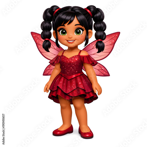 Fairy with dark pigtails and big green eyes and wearing sparkly red dress and matching wings