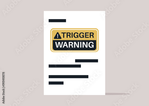 A clear warning label stands out on a white background, black lines obscuring text below it, This caution sign emphasizes the importance of recognizing and addressing sensitive topics.