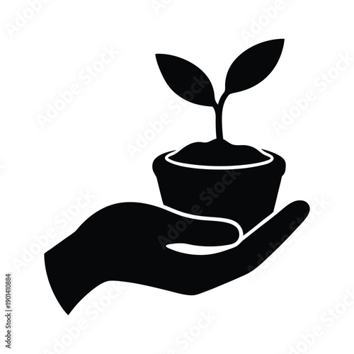 A hand is seen planting a small seedling into a pot, symbolizing growth and care. Vector