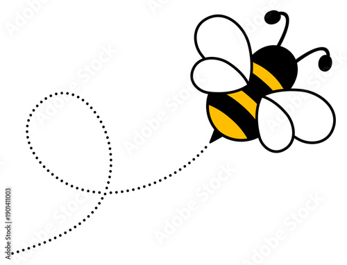 Adorable flying bee with dashed route trail. Playful bumblebee mascot design shows buzzing character on journey. Vector illustration isolated on white.
