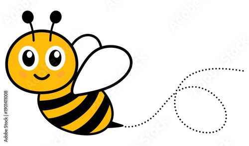 Adorable flying bee with dashed route trail. Playful bumblebee mascot design shows buzzing character on journey. Vector illustration isolated on white.
