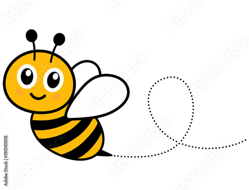 Adorable flying bee with dashed route trail. Playful bumblebee mascot design shows buzzing character on journey. Vector illustration isolated on white.