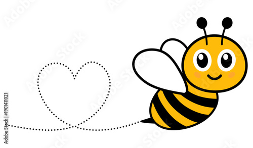 Bumble bee flying along dotted line trail in heart shape. Lovely buzzing honey insect. Vector illustration isolated on white.
