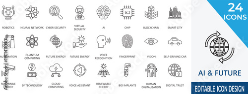 Premium AI line icon set for machine learning, computing, future,  intelligence,  innovation,  robotics, and Editable line icons for UI and web design.