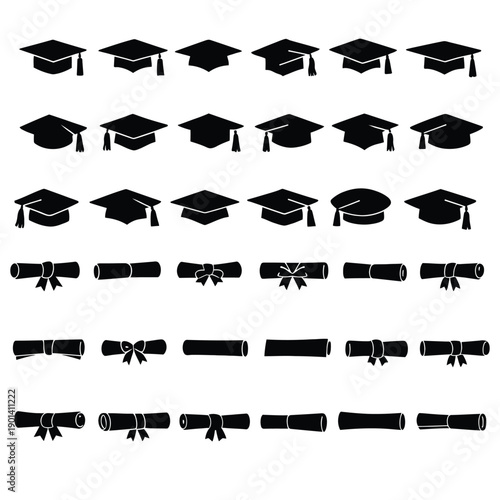 Graduation caps and diplomas icons set  various academic symbols for education and achievement  graduation  education  learning