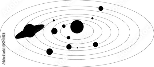 Stylized solar system vector diagram featuring black and white planetary orbits and celestial bodies, designed as astronomy concept illustration and space science icon for educational and scientific v