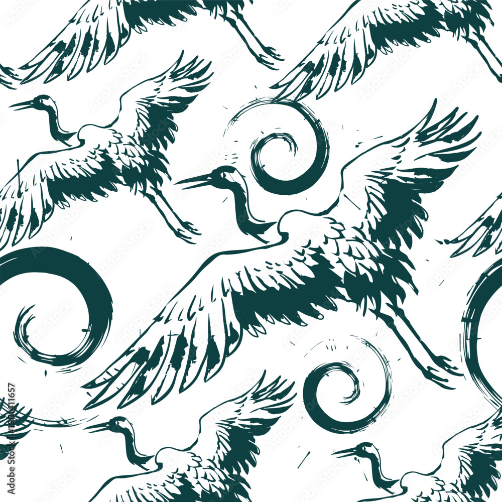 Fototapeta premium crane bird abstract japanese chinese seamless vector pattern ink design 