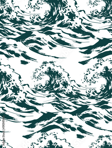 tsunami sea waves japanese chinese seamless vector pattern ink design 