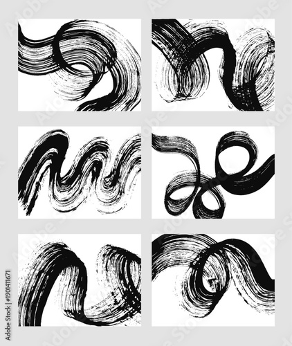 Set of vector abstract backgrounds. Black ink brush strokes, patterns, posters, cover.