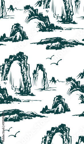 mountain cliffs japanese chinese seamless vector pattern ink design 