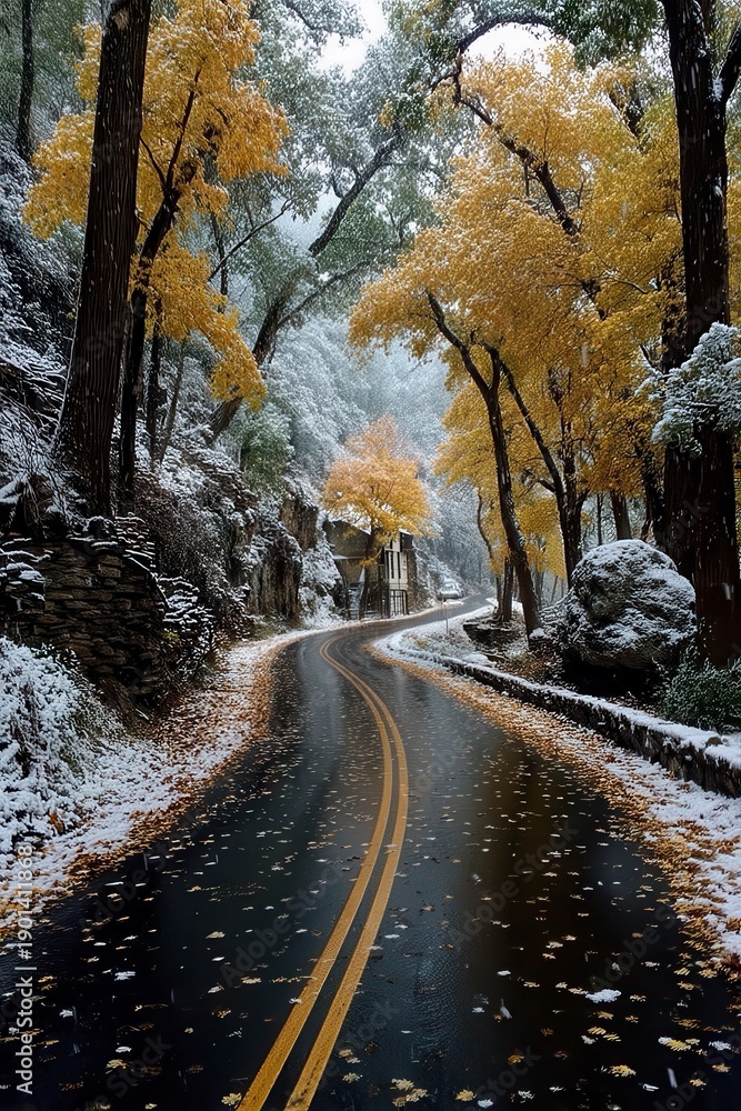 Fototapeta premium Winding forest road in winter with yellow leaves and light snow along a scenic path