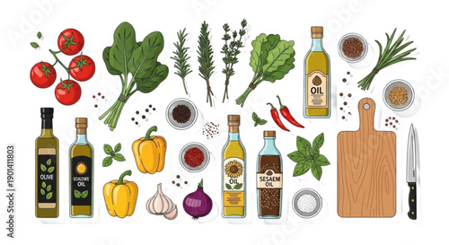 Vibrant kitchen ingredients arranged on clean surface