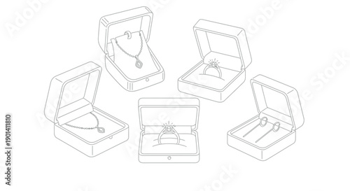 Collection of open black and white line art jewelry boxes displaying various luxury items including engagement rings necklaces and small earrings for presentation.