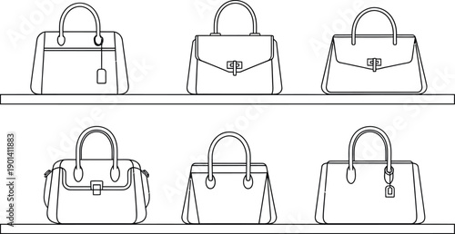 Collection of six different minimalist line art handbags displayed neatly arranged on two horizontal shelves representing boutique inventory or fashion storage design elements.