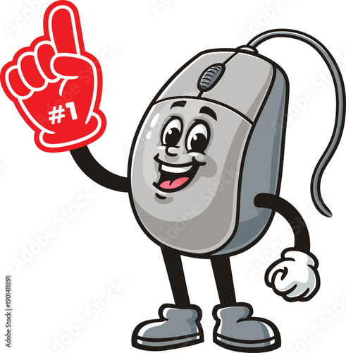 Cartoon computer mouse mascot holding a giant foam finger
