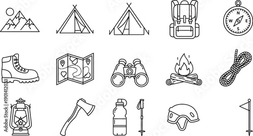 Collection of essential line art icons representing various outdoor adventure and camping equipment necessary for hiking exploration journeys