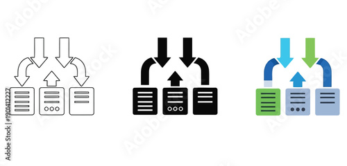 Data synchronization and server storage Vector Set in Line Art, Silhouette and Color Style illustration diagrams with arrows