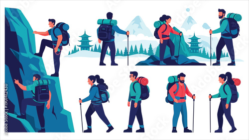 Vector Illustration Set of Hikers and Climbers in a Flat, Modern Style