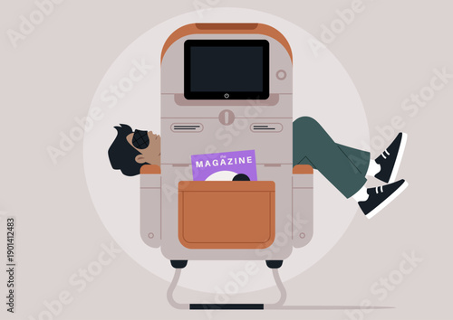 A traveler finds comfort in the cozy airplane seat, deeply asleep with a sleeping mask on, The serene atmosphere captures a moment of bliss during flight