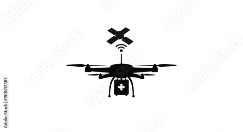 Modern drone with camera flying in air emitting Wi-Fi signal isolated on white background for technology and innovation concepts
