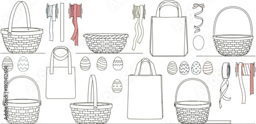 Collection of various woven easter baskets, colorful decorated eggs, and spools of pastel ribbon used for holiday crafting and gift wrapping illustration elements.