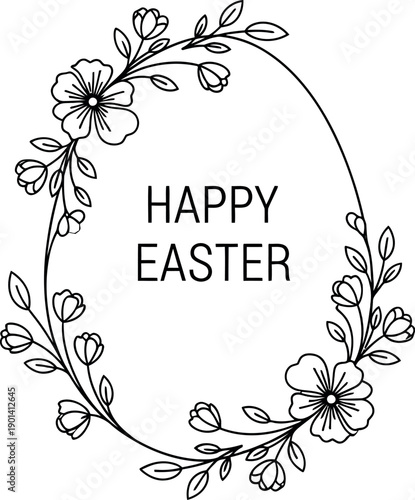 Minimalist black line art illustration featuring delicate floral elements framing the central text wishing everyone a happy easter holiday greeting design