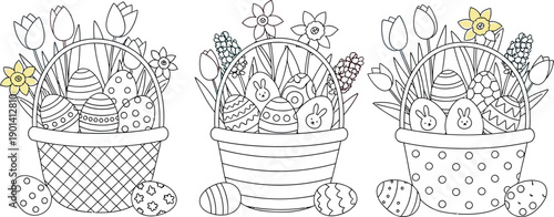 Three distinct easter baskets overflowing with decorative patterned eggs and springtime flowers suitable for a festive holiday coloring page activity