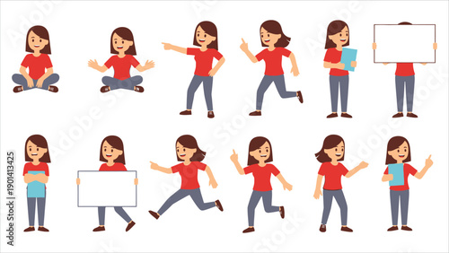 Woman in Casual Outfit Vector Set. Character in multiple poses for your project