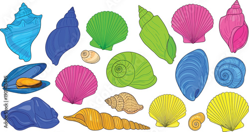 Colorful seashell collection including conch mussel scallop and spiral shells in vibrant blue green yellow pink tones