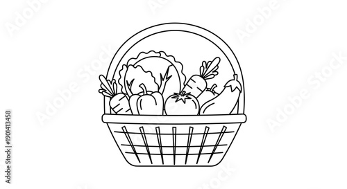 Line Drawing of Fresh Produce Basket Filled with Vegetables and Fruits