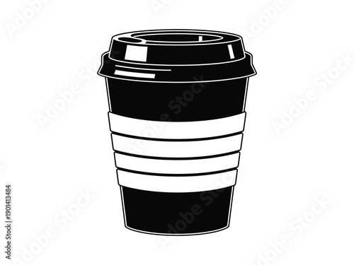 Black and white illustration of a disposable coffee cup with a cardboard sleeve