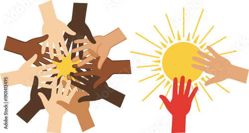Diverse hands coming together around central sun symbol representing global unity cooperation and multicultural community