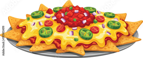 Delicious plate of nachos topped with cheese, salsa, jalapenos and red onion, perfect party snack.