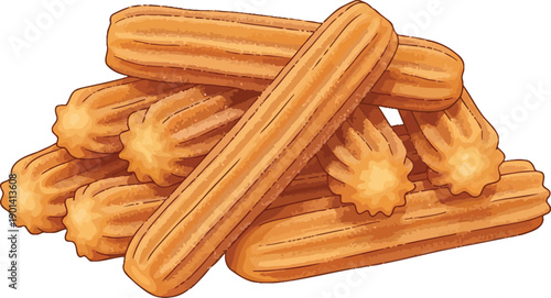 Golden brown fried churros pile delicious mexican pastry snack with cinnamon sugar texture isolated on checkered background