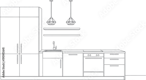 Detailed black and white line drawing illustrating a modern kitchen layout featuring integrated appliances integrated cabinetry hanging light fixtures and functional countertop workspace