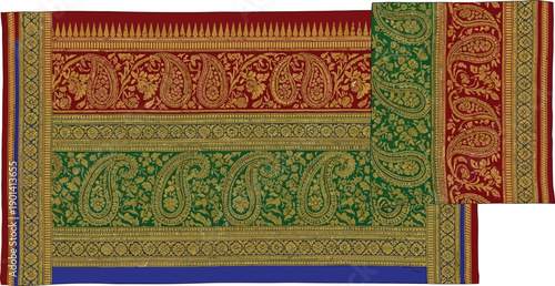 Indian silk saree fabric with paisley patterns, traditional textile design and rich ethnic embroidery.