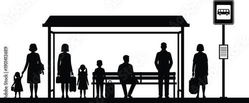 Black silhouette of diverse people waiting at a bus stop with shelter, bench, and signage for urban transit visuals